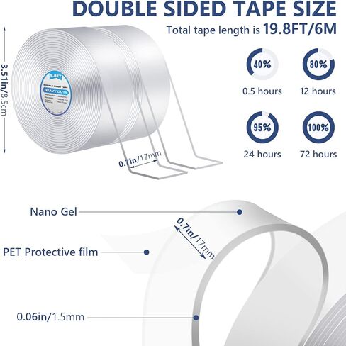 شريط مزدوج الجوانب عالي التحمل (بكرتان بطول 19.8 قدم)، شريط تثبيت مزدوج الجوانب متعدد الأغراض، لاصق قوي، شريط لاصق مغسول وقابل لإعادة الاستخدام، شريط نانو للمنزل والتلفزيون والمكتب والسيارة والمطبخ in Kuwait