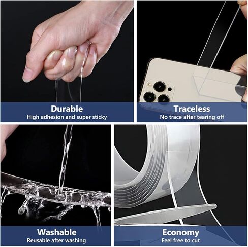 شريط مزدوج الجوانب عالي التحمل (بكرتان بطول 19.8 قدم)، شريط تثبيت مزدوج الجوانب متعدد الأغراض، لاصق قوي، شريط لاصق مغسول وقابل لإعادة الاستخدام، شريط نانو للمنزل والتلفزيون والمكتب والسيارة والمطبخ in Kuwait