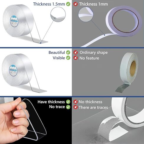 شريط مزدوج الجوانب عالي التحمل (بكرتان بطول 19.8 قدم)، شريط تثبيت مزدوج الجوانب متعدد الأغراض، لاصق قوي، شريط لاصق مغسول وقابل لإعادة الاستخدام، شريط نانو للمنزل والتلفزيون والمكتب والسيارة والمطبخ in Kuwait