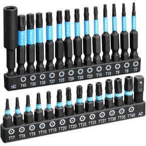 Impact Torx Bit Set, 28-Piece Security Torx Bit Set TT7-TT40 S2 Steel Security Torx Bit Set 1"&2" Long Tamper Proof Star Bit Set with Magnetic Tips and Storage Box-01
