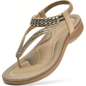 Littleplum Womens Sandals Arch Support Slingback Rhinestone Dressy Sandals Comfort Summer Shoes Ankle Strap Elastic Flats for Beach Walking