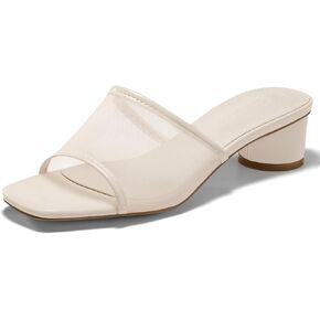 Coutgo Womens Slide Sandals Mesh Chunky Heels Mules Square Open Toe Slip On Summer Dress Shoes