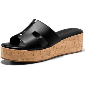 Coutgo Women's Platform Wedge Sandals Open Toe Slip On Slides Cork Heeled Cutout Comfortable Summer Shoes
