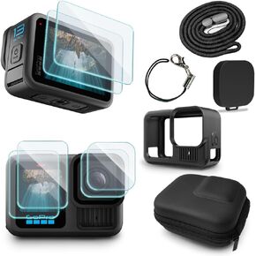 Screen Protector Compatible for GoPro Hero 13 Black,Tempered Glass Film Full Coverage with Silicone Cover Sleeve and Hard Shell Travel Storage Carrying Case