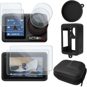 Screen Protector Compatible for DJI Osmo Action 5 Pro Camera,Tempered Glass Film Full Coverage with Silicone Cover Sleeve and Hard Shell Travel Storage Carrying Case