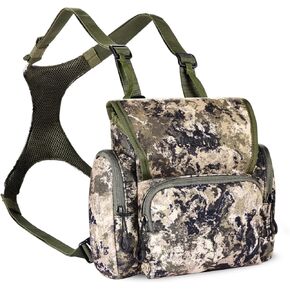 LUCKY CLOVER Binocular Harness Chest Pack with Rangefinder Pouch, Hunting Chest Pack Front Pouch Bino Adjustable Vest Bags, Bino Harness Great for Hunting, Hiking, and Shooting (Bark Camo)