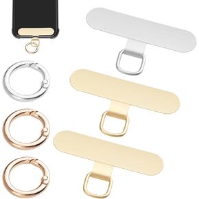 6PCS Gold Cell Phone Tether Patches, Silver Phone Tether Tab with 2 Metal Spring Rings, Cell Phone Lanyard Patch/Metal Cell Phone Tether Patch Phone Strap Connector Multifunctional