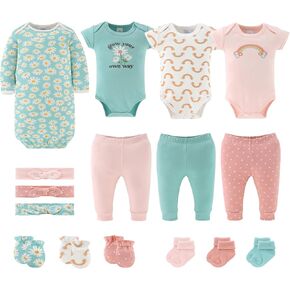The Peanutshell Baby Layette Gift Set for Baby Girls - 16 Piece New Born Baby Girl Gift Set, Baby Clothes & Newborn Essentials Must Haves - Newborn Baby Girl Clothes 0-3 Months - Carefree Floral