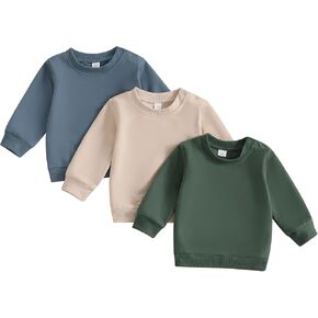 3 Pack Toddler Baby Boy Girl Long Sleeve Crewneck Pullover Sweatshirt Sweater Outfits Solid Color Casual Clothes