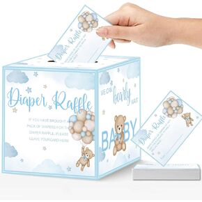 51 PCS Bear Bear Diaper Raffle Tickets مع صندوق بطاقة السحب حفاضات لإمدادات استحمام الطفل ، علامة يانصيب حفاضات الأزرق على بطاقة إدراج ، نصيحة ورغبات السحب حفاضات الحفاضات