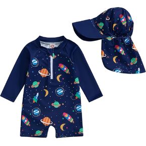 Toddler Baby Boy Swimsuit Long Sleeve Zipper One Piece Bathing Suit Rash Guard Sun Protection Swimwear with Hat