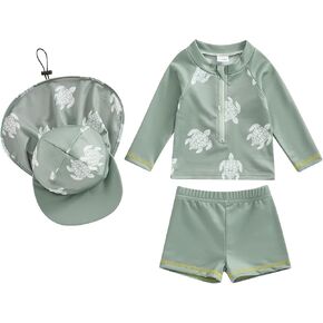 DuAnyozu Baby Boys Swimsuit Long Sleeve Rash Guard Swimwear Baby Boy Swim Trunk with Hat Set 3-Piece Toddler Bathing Suit