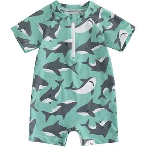 Toddler Baby Boy Swimsuit One Piece Swimwear Shark Short Sleeve Zipper Rash Guard Infant Bathing Suit