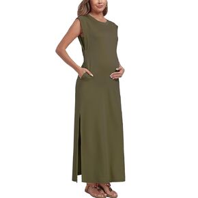 Summer Sleeveless Maternity Dress, Casual Loose Split Wrinkle-Free Long Maxi Dress with Pockets