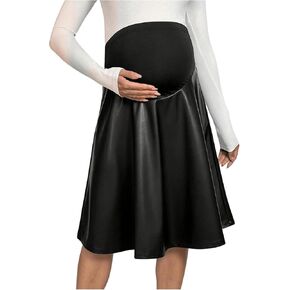 MakeMeChic Women's Maternity Skirt PU Leather High Waist Flared Pregnancy Midi Skirts