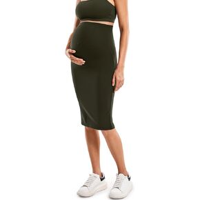 MOMANDA Women' s Maternity Skirt High Waist Midi Pencil Skirt with Slit Stretchy Pregnancy Casual