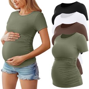 Huukaey 4 حزمة قمصان الأمومة النسائية ، طاقم الرقبة أعلى الأكمام قصيرة الأكمام القطن الطائر جانب الحمل روتشيد ملابس الحمل