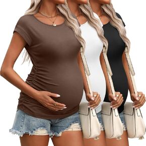 Ficerd 3 Pack Women's Maternity T-Shirts Side Ruched Pregnancy Tops Crew Neck Cap Sleeve Tee Cotton Short Sleeve Mama Clothes