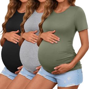 Ficerd 3 Pack Women's Maternity T-Shirts, Short Sleeve Cotton Maternity Tops Comfy Crew Neck Side Ruched Maternity Clothes