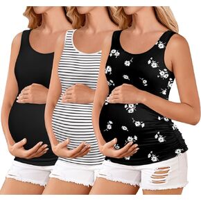 Ekouaer 3 Pack Women Maternity Tank Tops Ruch Side Basic Shirts Summer Postpartum Tops Sleeveless Pregnancy Workout Clothes