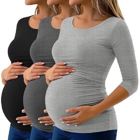 Ficerd 3 Pack Women's Maternity Tops 3/4 Sleeve Side Ruched Tunic Pregnancy Shirts Clothes for Women