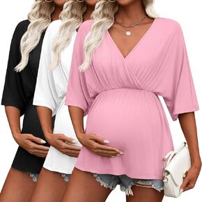 Ficerd 3 Pack Womens Maternity Shirts, V Neck Nursing Pajamas Pregnancy Nightgown Tops 3/4 Sleeve Sleepwear for Breastfeeding