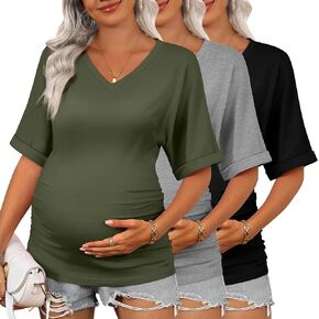 Ficerd 3 Pack Women's Maternity Shirts V Neck Half Sleeve Tops Tunic Cotton Side Ruched Pregnancy Clothes Casual Tee Blouse