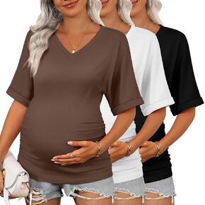 Ficerd 3 حزمة قمصان الأمومة النسائية الخامس رقبة نصف الأكمام قمم تونك القطن جانب الحمل ملابس الحمل غير الرسمي بلوزة تي شيرت in Kuwait