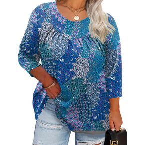 TFSDOD Womens Plus Size Tops 3/4 Length Sleeve Blouses Crew Neck Shirts Casual Loose Tunic Tops 1X-5X