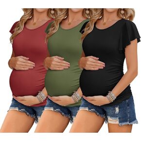 Ekouaer Women's Maternity Shirts 3 Packs Flying Short Sleeve Pregnancy Tops Side Ruched Tunic Blouse Mama Clothes S-XXL