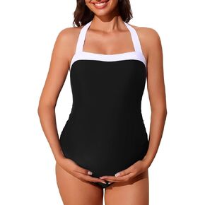 Summer Mae Maternity Swimsuits One Piece Halter Pregnancy Swimwear Color Block Bathing Suit for Women