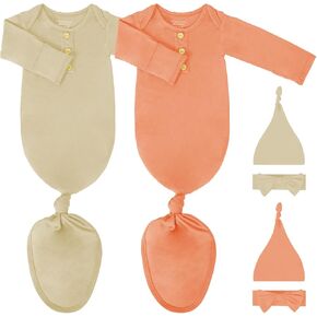 2Pack Newborn Baby Knotted Gown, Super Soft Modal Infant Long Sleeve Sleeper with Hat and Headband Set