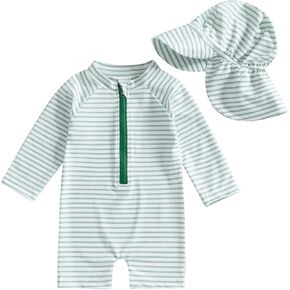 Baby Boys Swimsuit Onepiece Striped Zipper Swimwear Baby Toddler Girls Bathing Suit Rash Guard Swimming Sunsuit