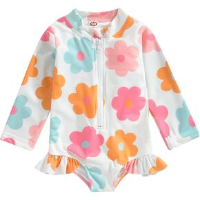 Kids Toddler Baby Girl Rash Guard Long Sleeve Ruffle Floral Print Surfing Swimsuit Zipper One Piece Bathing Suit