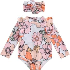 Infant Baby Girl Swimsuit One Piece Long Sleeve Zip Swimwear Bathing Suit Beach Wear