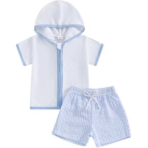 Toddler Baby Boy Girl Swim Cover Up Towel Terry Zipper Hooded Tops Seersucker Shorts Set Beach Bathing Suit Coverup