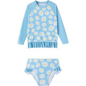 LIZENS Girls Two Piece Swimwear Tankini Long Sleeve Ruffle Trim Swimsuit 2-12Years for Kids Daisy Pattern