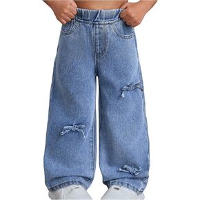 WDIRARA Girls' Bow Decor High Waisted Jeans Straight Leg Elastic Casual Denim Long Pants