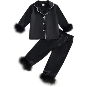 Qiylii 2-Piece Baby Girl Satin Pajamas Feather Trim Button-Up Pajamas Sleeper Silk Shirt Pant Toddler Long Pajamas Nightgown