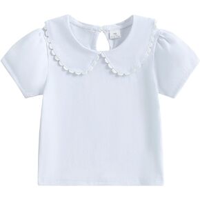 Toddler Baby Girls Ruffle Doll Collar Shirt Puff Short Sleeve Basic Solid Color Top Blouse Tee