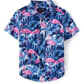 The Children's Place,Baby Boys,and Toddler Poplin Short Sleeve Button Down Shirt,Tidal Flamingo,12 Months,18 Months