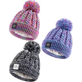 Hispeka Baby Beanie Hat 3 Packs with Cute Smiley Face, Toddler Girls Boys Baby Hats Winter, Kids Winter Hat Cold Weather
