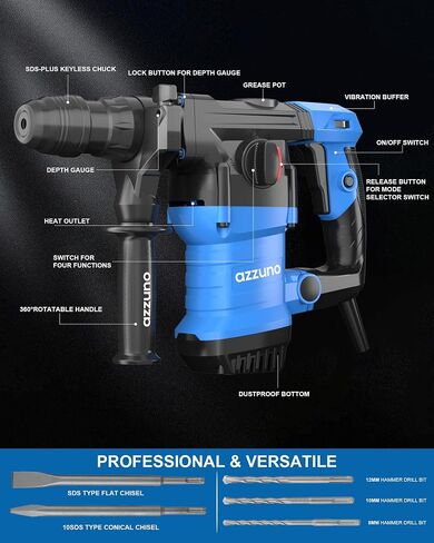AZZUNO 1-1/4" SDS-Plus 15Amp Heavy Duty Rotary Hammer Drill, 4 Functions, for Drilling in Concrete, Brick and Stone, Includes Chisel and Drill Bits in Saudi Arabia