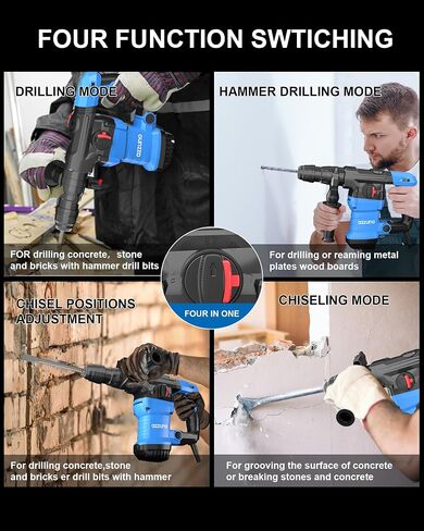 AZZUNO 1-1/4" SDS-Plus 15Amp Heavy Duty Rotary Hammer Drill, 4 Functions, for Drilling in Concrete, Brick and Stone, Includes Chisel and Drill Bits in Saudi Arabia