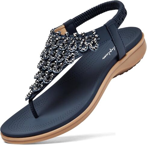 Littleplum Womens Sandals Arch Support Slingback Rhinestone Dressy Sandals Comfort Summer Shoes Ankle Strap Elastic Flats for Beach Walking in Saudi Arabia