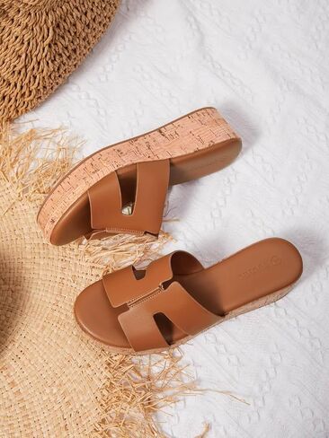 Coutgo Women's Platform Wedge Sandals Open Toe Slip On Slides Cork Heeled Cutout Comfortable Summer Shoes in Kuwait