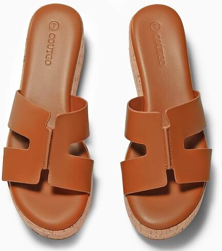 Coutgo Women's Platform Wedge Sandals Open Toe Slip On Slides Cork Heeled Cutout Comfortable Summer Shoes in Kuwait
