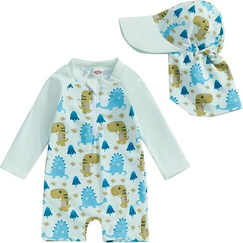 Toddler Baby Boy Swimsuit Long Sleeve Zipper One Piece Bathing Suit Rash Guard Sun Protection Swimwear with Hat in Kuwait