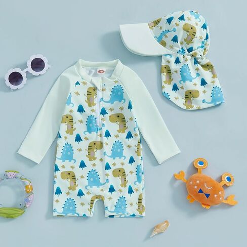 Toddler Baby Boy Swimsuit Long Sleeve Zipper One Piece Bathing Suit Rash Guard Sun Protection Swimwear with Hat in Kuwait