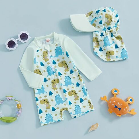 Toddler Baby Boy Swimsuit Long Sleeve Zipper One Piece Bathing Suit Rash Guard Sun Protection Swimwear with Hat in Kuwait